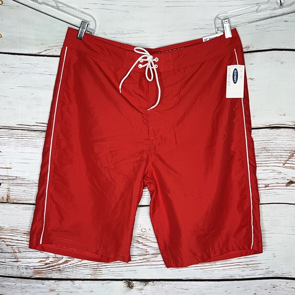 Old Navy NWT Size 38 Red - White Side Stripe UPF 40 Swim Board Shorts - Picture 1 of 3